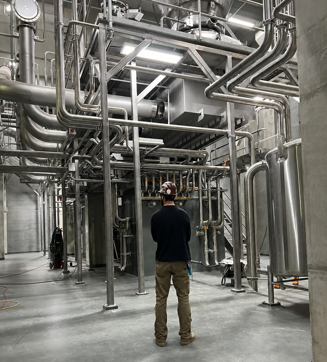 Technician reviewing an extensive stainless piping system in a production facility