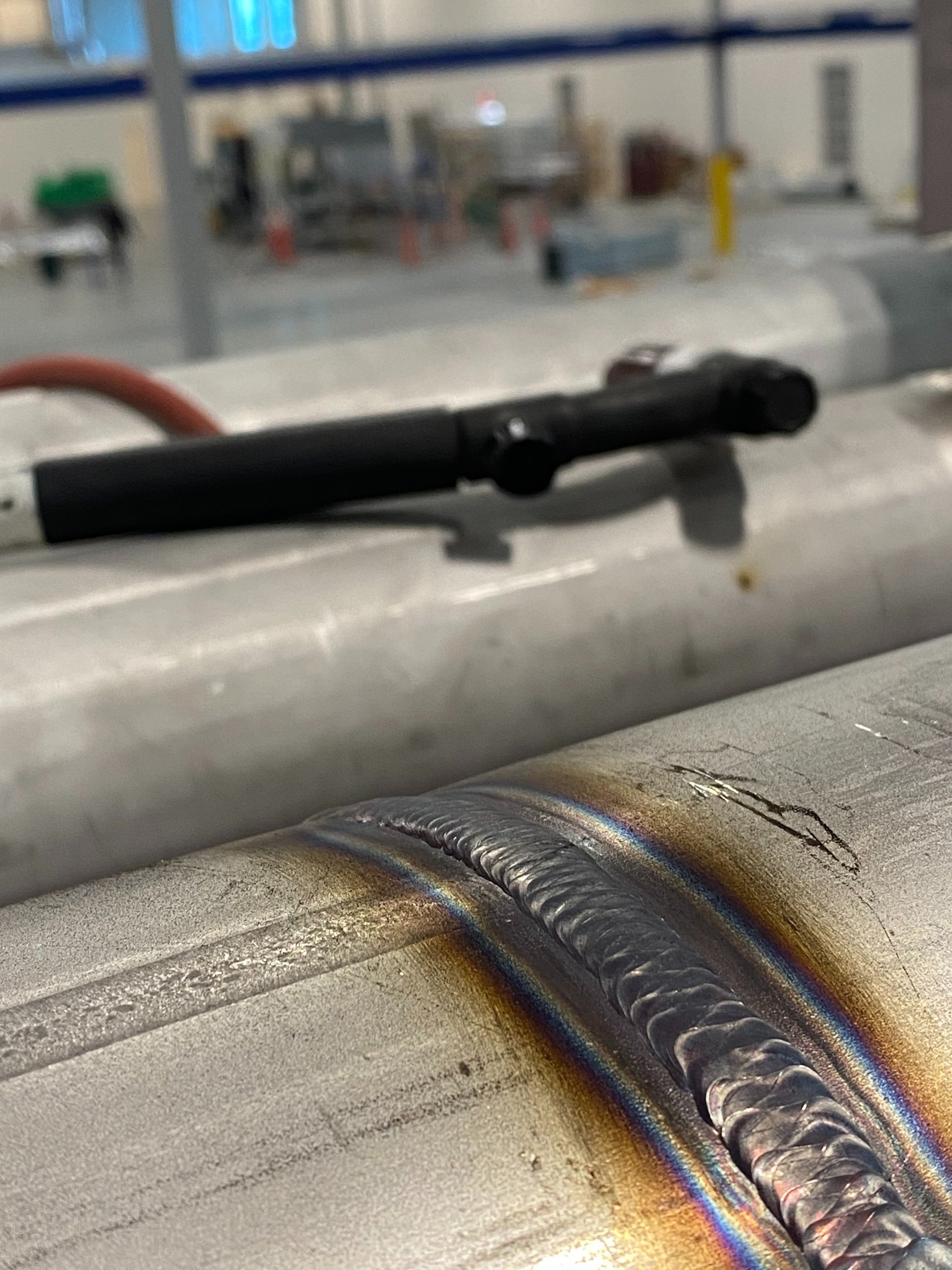 Close view of a completed stainless weld bead